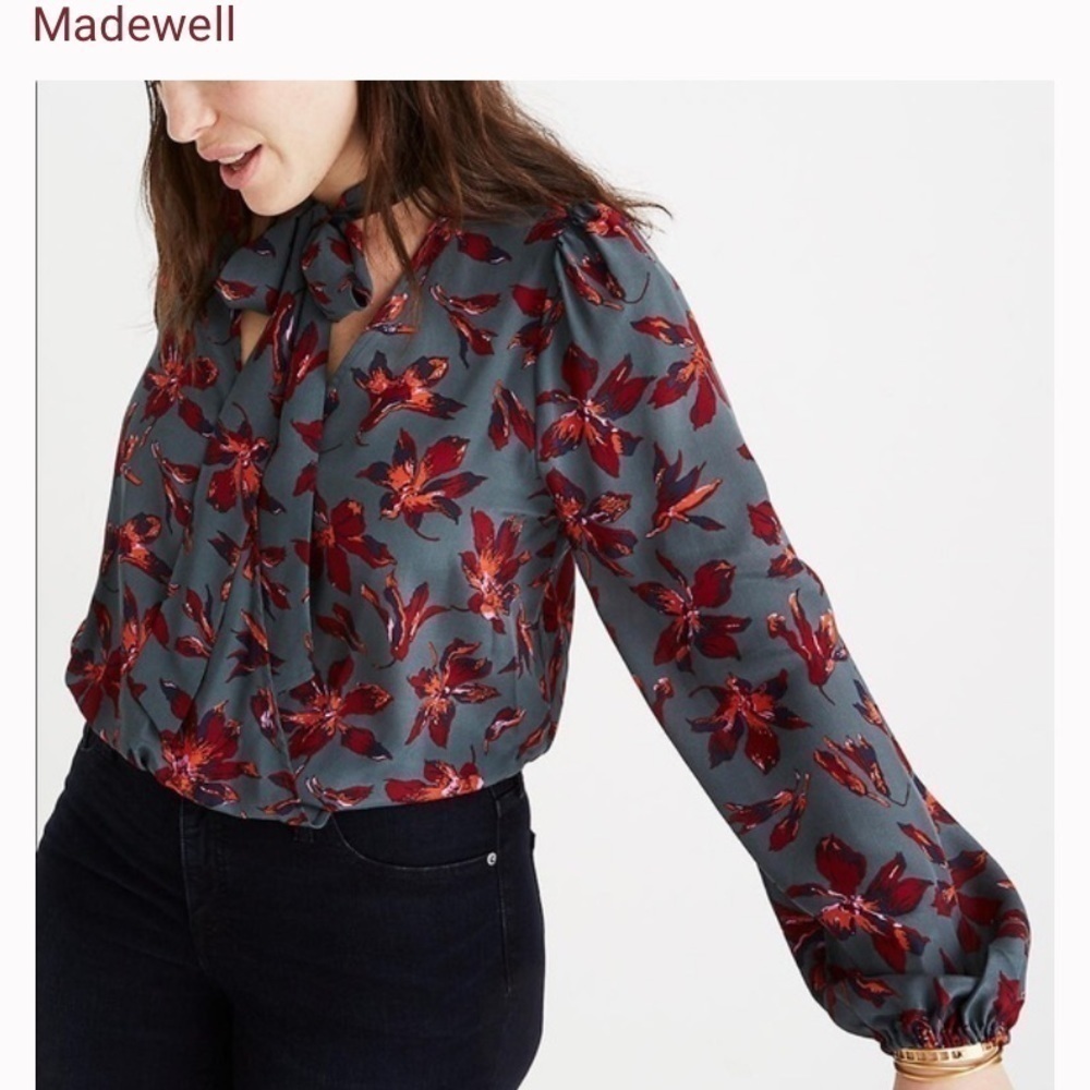 Madewell Silk Tie-Neck Floral 100% Silk Long Sleeve Wrap Top Women’s Size Small